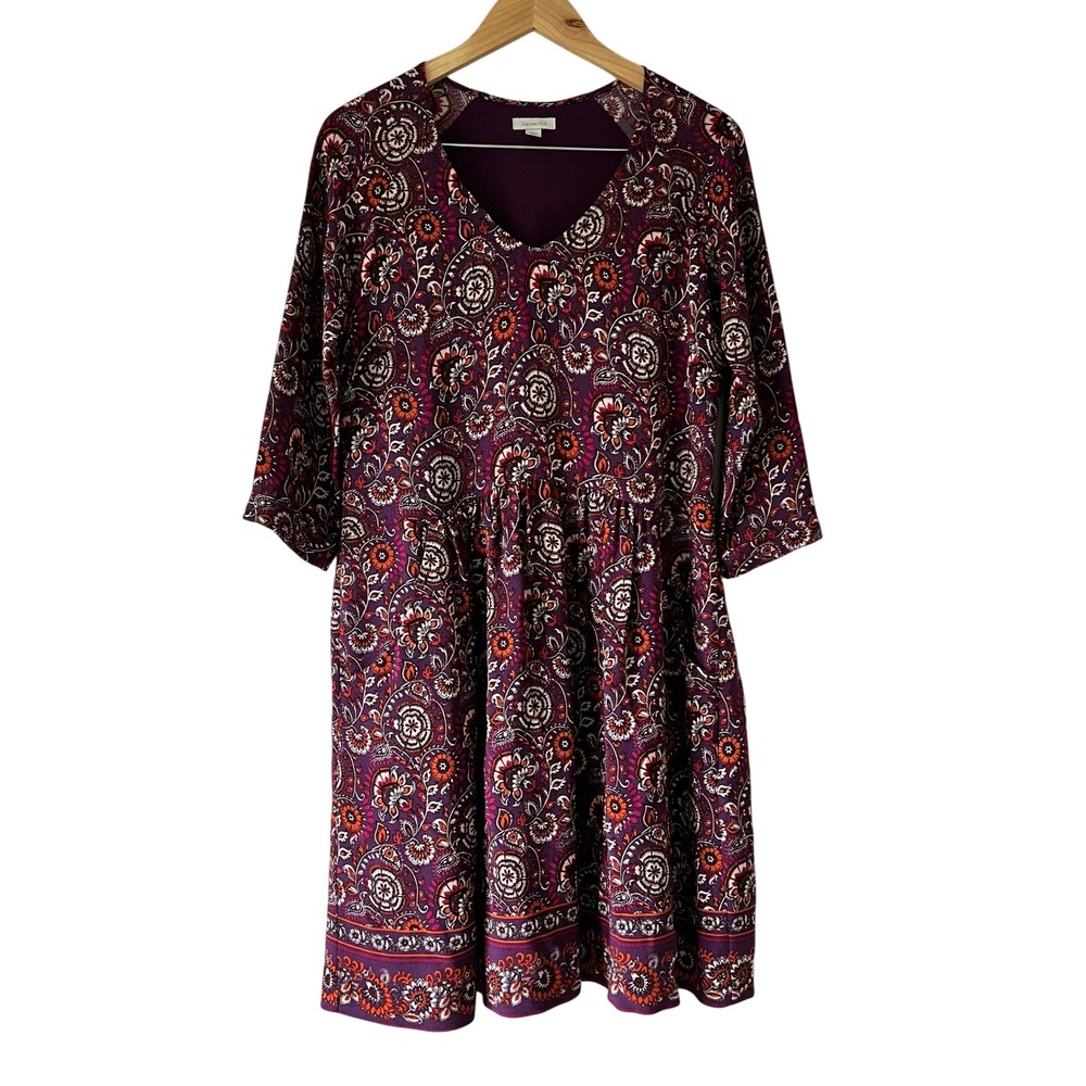 Garnet‎ Hill Purple Floral Print Dress V Neck 3/4 Sleeve Bohemian Pocket-Detail